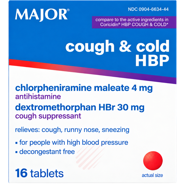 Major Cough & Cold HBP - 16 Tablets (Coricidin HBP Cough & Cold)- New Box