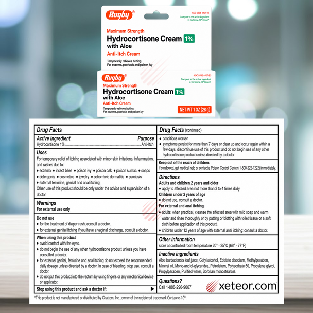 Rugby Hydrocortisone Cream 1% with Aloe Drug Facts label showing active ingredient, uses, warnings, directions and inactive ingredients
