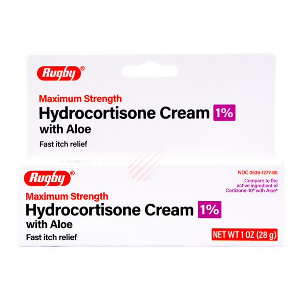 Previous packaging for Rugby Maximum Strength Hydrocortisone Cream 1% with Aloe, 1 oz, compared to Cortizone-10 with Aloe