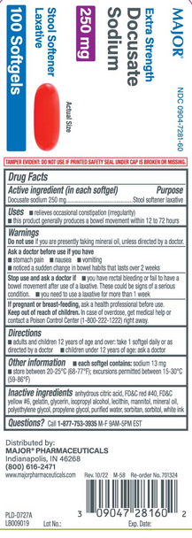 Major Extra Strength Docusate Sodium 250 mg - 100 softgels Label including Drug Facts