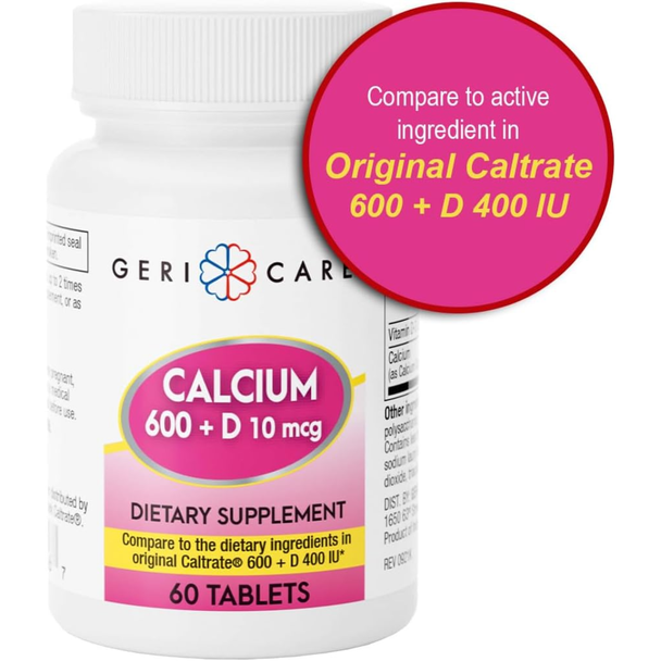 Geri-Care Calcium 600 plus D3 bottle featuring a pink circular callout badge emphasizing its specific health benefits and ingredients.