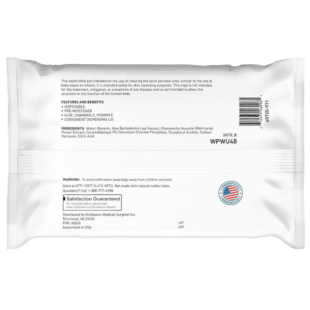 McKesson Fragrance-Free Personal Cleansing Washcloths back label with ingredients and product information