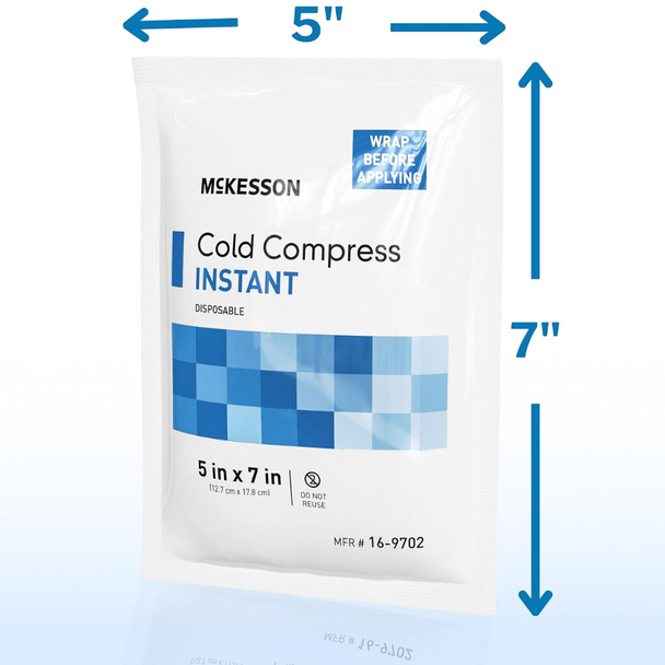 Sizing graphic showing the exact 5-inch by 7-inch dimensions of the McKesson Instant Cold Compress.