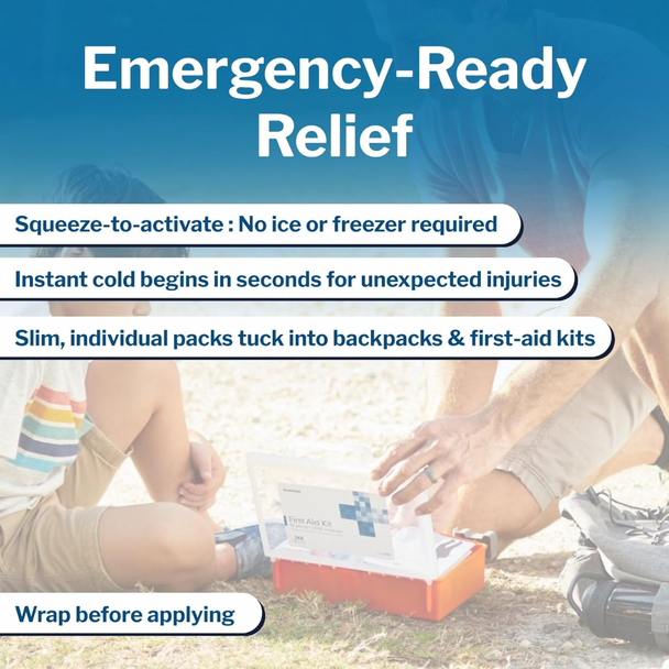 Hands applying a McKesson 5x7 inch Instant Cold Compress to a swollen knee for emergency pain relief and first aid.