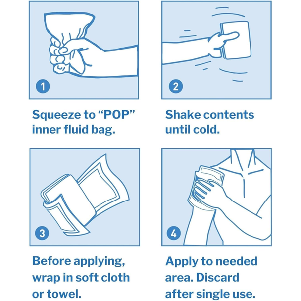 Four-step illustrated diagram showing how to use a McKesson Instant Cold Compress: squeeze, shake, and apply.