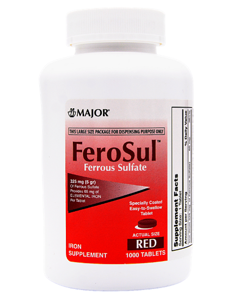 Major FeroSul 325 mg Ferrous Sulfate Iron Supplement - 1000 Red Tablets