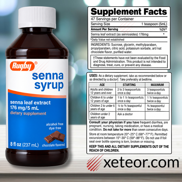 Rugby Senna Syrup - Senna Leaf Extract 176mg / 5mL Dietary Supplement - 8 fl oz - Supplement Facts
