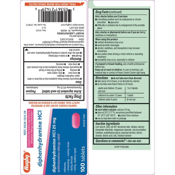 Rugby Diphenhydramine HCl 25 mg - 100 Tablets | Benadryl Allergy Ultratabs - warnings, directions, inactive ingredients