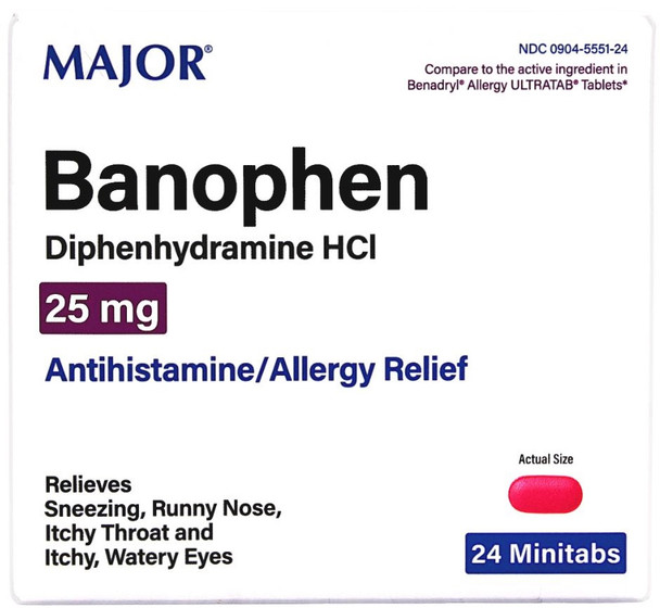 Major Banophen Diphenhydramine HCl 25 mg - 24 Minitabs (Benadryl ULTRATAB)
