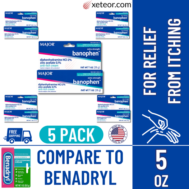 Major Banophen Anti-Itch Cream 2% - 1 oz | Benadryl Cream (5 Pack) - Free Shipping