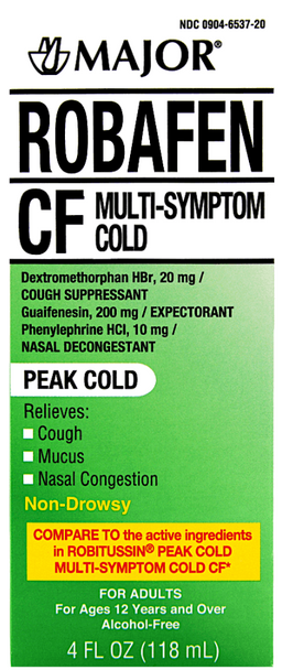 Close-up of Robafen CF 3 Pack front label highlighting active ingredients and sugar-free formula