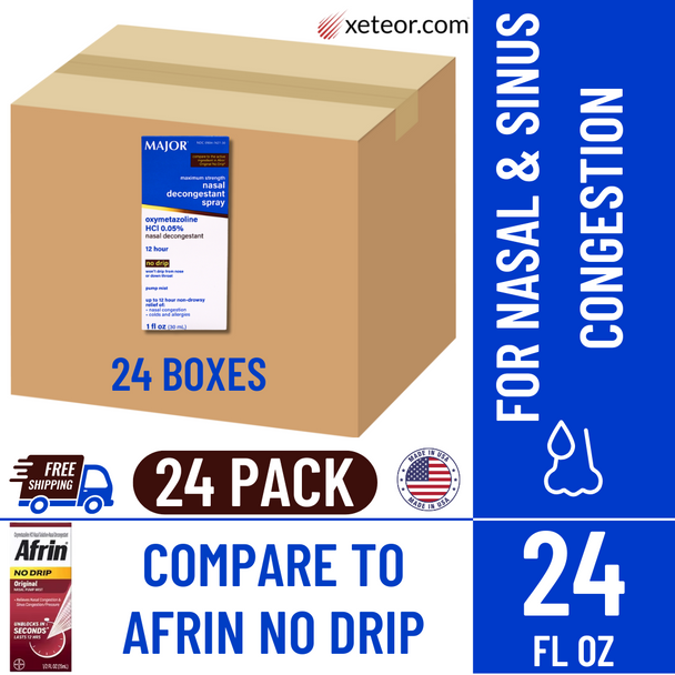 Promotional image of 24-pack Major Nasal Decongestant Spray showing free shipping, Compare to Afrin, Made in USA, 24 fl oz total, and sinus congestion relief
