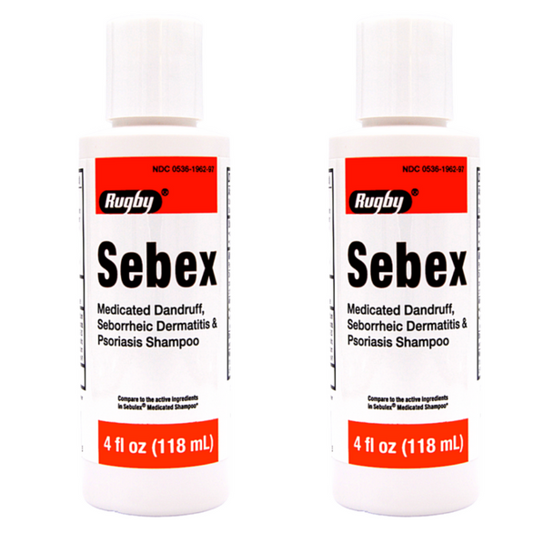 Close-up of Sebex Medicated Dandruff Shampoo front label – 4 oz bottle with salicylic acid and sulfur formula Old bottles