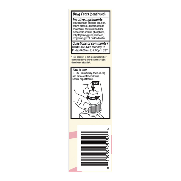 Side view of Foster & Thrive Oxymetazoline Nasal Spray 0.05% package showing UPC barcode (010939955586) and instructions for use, including how to open and prime the spray.