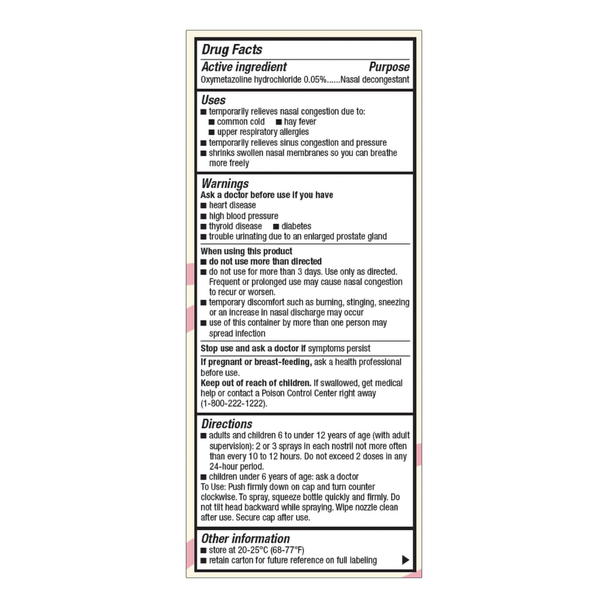 Drug Facts label for Foster & Thrive Oxymetazoline Nasal Spray 0.05% showing active ingredient Oxymetazoline HCl 0.05%, uses, warnings, and directions.