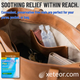 Marketing graphic showing two preservative-free GoodSense Lubricating Plus eye drop vials tucked into a leather purse pocket with the headline 'Soothing relief within reach.'