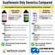 Comparison chart of Guaifenesin 100mg cough syrups: Rugby and Geri-Tussin (menthol cooling, sorbitol-free) vs. Oncor (paraben-free, throat-coating glycerin, and leak-proof bottle).
