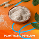 Small bowl filled with natural plant-based psyllium husk powder surrounded by green leaves on an orange background