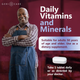 Promotional banner featuring a smiling senior man alongside dosage instructions for Geri-Care Senior Tabs daily multivitamin for adults 50 and older.