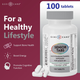 Promotional infographic for Geri-Care Senior Tabs 100 tablets with bottle, loose tablets, and key health benefits including bone health, energy, and cognitive function.