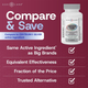 Geri-Care Senior Tabs promotional graphic titled "Compare & Save", highlighting same active ingredients as big brand multivitamins at a fraction of the price.