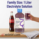 Foster & Thrive Family Size 1 Liter Grape Electrolyte Solution (generic for Pedialyte) on a wooden table, next to a standard Coca-Cola bottle for size comparison. A hand holds a glass of the purple drink. Presented by xeteor.com.