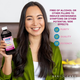 A smiling woman holding a 16 oz bottle of generic liquid diphenhydramine next to text emphasizing alcohol-free, dye-free allergy relief benefits.