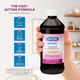 Marketing graphic of a hand holding Geri-Dryl liquid medicine next to text highlights for fast-acting formula, multi-symptom relief, and alcohol-free properties.