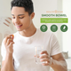 Smiling young man preparing to take a Health Star Senna-Plus laxative tablet with a glass of water, with overlay text reading Smooth Bowel.