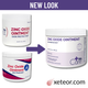 A graphic titled "New Look" displaying the packaging update for Dynarex We Care Zinc Oxide Ointment 15 oz (425 g) jar, showing a purple arrow pointing from the previous red and blue Dynarex jar designs on the left to the new purple We Care product packaging on the right with xeteor.com branding.