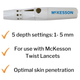 Close-up of the McKesson Lancing Device highlighting its 5 depth settings from 1 to 5 millimeters, optimal skin penetration, and compatibility with McKesson Twist Lancets.
