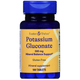 Front view of a blue Foster & Thrive Potassium Gluconate 595 mg mineral supplement bottle containing 100 gluten-free tablets.