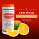 Geri-Care Geri-Mucil 13 oz canister displayed next to sliced fresh oranges highlighting 4-in-1 fiber benefits