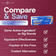 Geri-Care Diclofenac Sodium Topical Gel 1% Compare & Save promotional graphic highlighting active ingredient comparison to Voltaren Arthritis Pain Gel at a lower price.