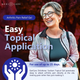 Lifestyle promotional graphic featuring a smiling senior woman highlighting easy topical application for Geri-Care Diclofenac Sodium Gel 1%.