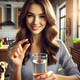 Smiling woman holding a softgel capsule for dry cough relief