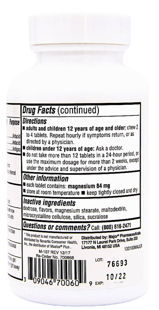 Major Mintox Antacid AntiGas Lemon Mint Flavor Maalox Plus