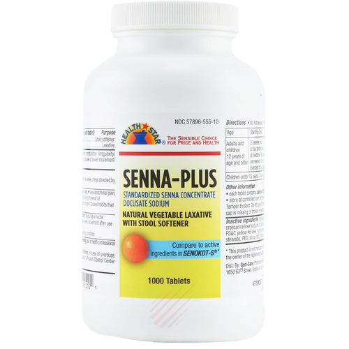 Health Star Senna-Plus Docusate Sodium 50 mg / Sennosides 8.6 mg - 1000 Tablets | Compare to Senokot-S