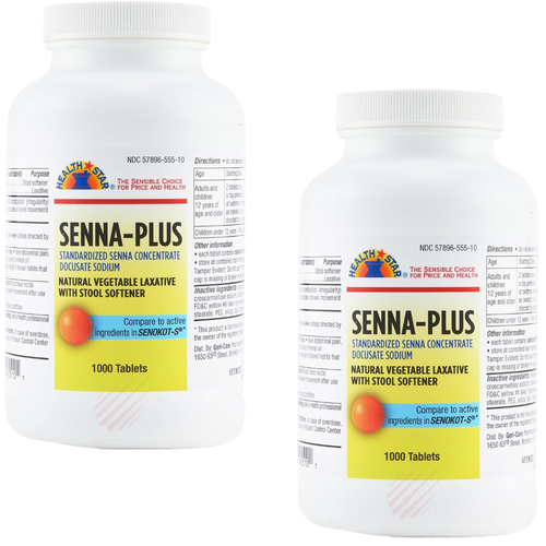 Health Star Senna-Plus Docusate Sodium 50 mg / Sennosides 8.6 mg - 1000 Tablets | Compare to Senokot-S (2 Pack)