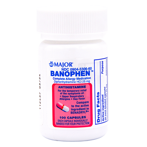 Major Banophen 25 mg Diphenhydramine  - 100 Capsules | Benadryl