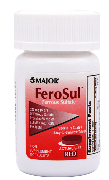 Major FeroSul 325 mg Ferrous Sulfate Iron Supplement - 100 Tablets | Feosol