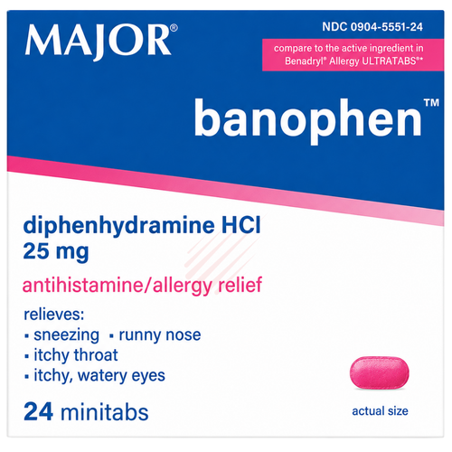 Major Banophen Diphenhydramine 25 mg - 24 Minitabs | Benadryl Allergy Ultratabs
