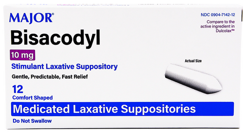 Major Bisacodyl 10 mg Stimulant Laxative - 12 Medicated Suppositories | Dulcolax