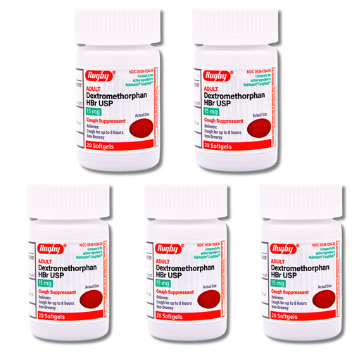Rugby Dextromethorphan HBr 15mg - 20 Softgels | Robitussin (5 Pack)