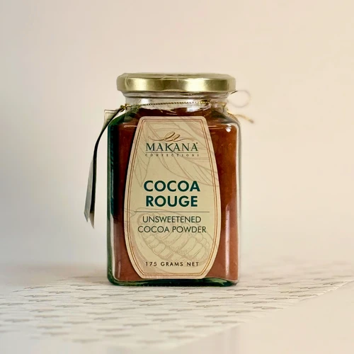 Makana Confections Cocoa Rouge Unsweetened Cocoa Powder 175 grams jar.