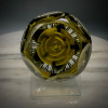 Yellow Rose of Texas Rose Crimp Rose paperweight, with heart shape center bud, green/black variegated leaves coming to point, made by glass artisan Chris Sherwin in his glassblowing studio in Bellows Falls, Vermont; this weight showcases a 6/1 facet and Picket fence cutting by James Poore of Cape Cod, MA