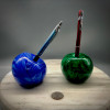 Sherwin Art Glass all glass "Stone" Penholders.  Shown here in "Sapphire" and "Malachite" color options.  Also available in Turquoise.... approximately 3" round with top or side hole for pen/pencil/stylus.  Perfect for gifts for Teachers, Office/Home workers, Students, etc.  A stylish way to display any pen....by glass artisan Chris Sherwin