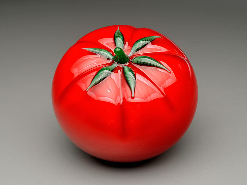 Glass Tomato, solid hand-sculpted glass with torchwork leaves and stem