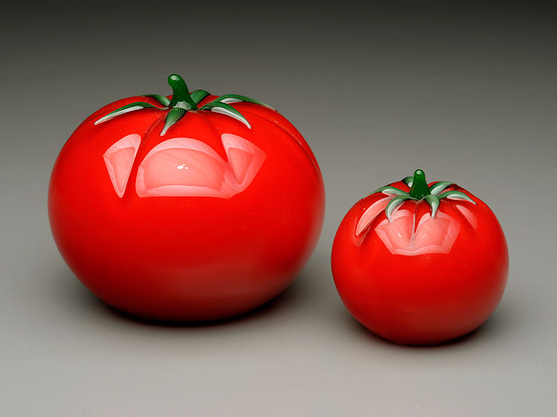 Glass Tomato, solid hand-sculpted glass with torchwork leaves and stem