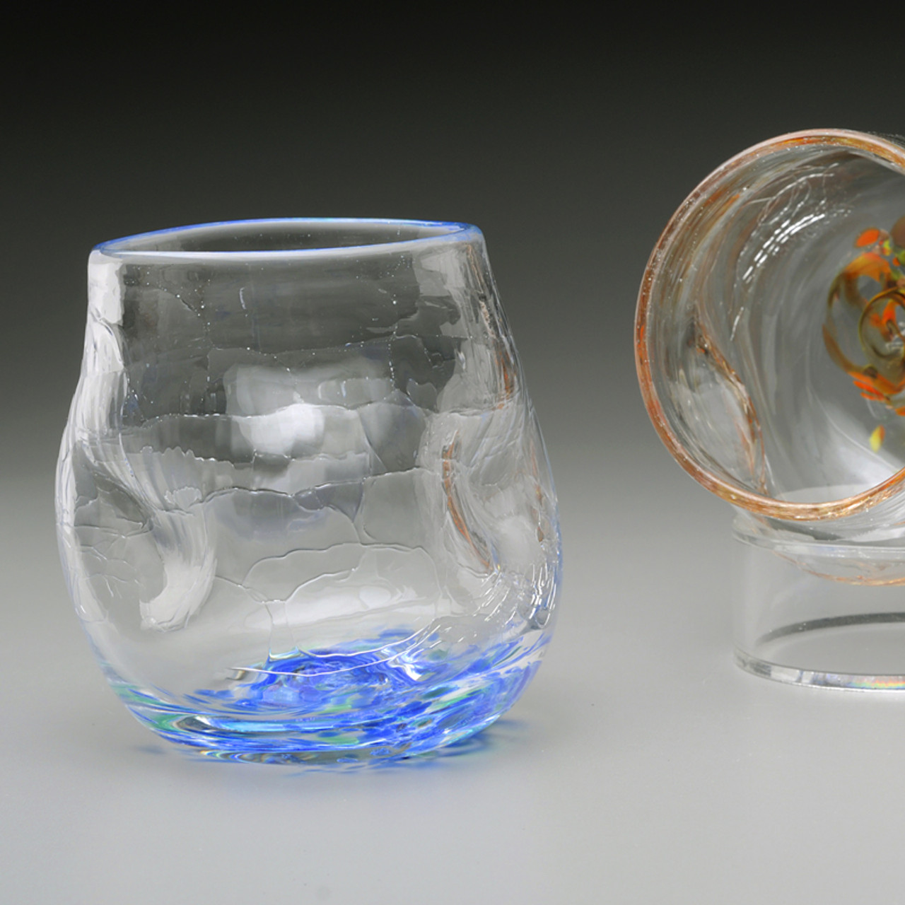 Handblown Crackle Thumbler, Stemless Wine Glasses style, glassblowing in  Vermont by Artisan Chris Sherwin